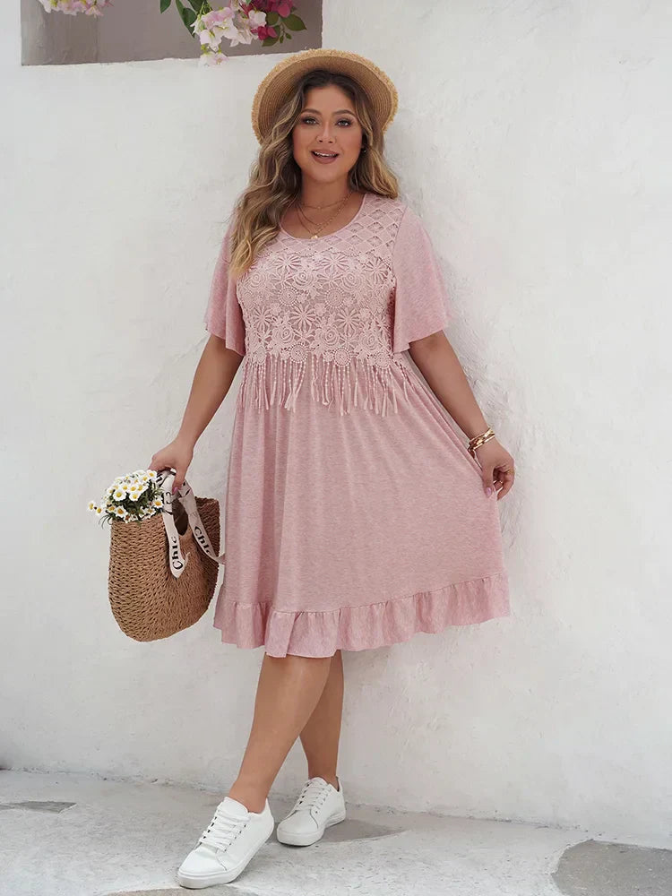 Robe A-Line Femme - Broderie en Dentelle - Manches Courtes Volantes - Tenue Décontractée - Aurelles