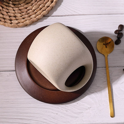 Ceramic Coffee Cup with Wooden Saucer and Stainless Steel Spoon