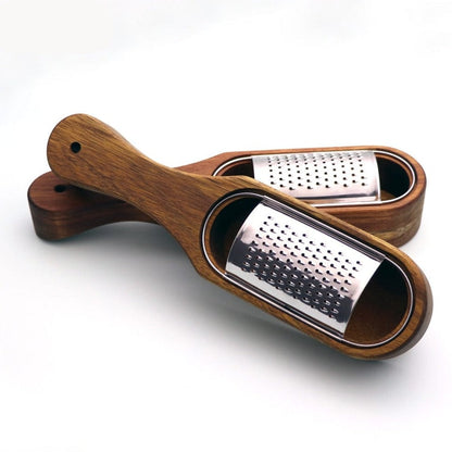 Acacia Wood Manual Cheese Grater with Integrated Collector and Removable Stainless Steel Blade