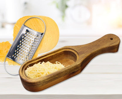 Acacia Wood Manual Cheese Grater with Integrated Collector and Removable Stainless Steel Blade