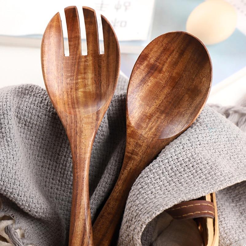 Acacia Wood Salad Server Set with Leather Tie, Fork and Spoon