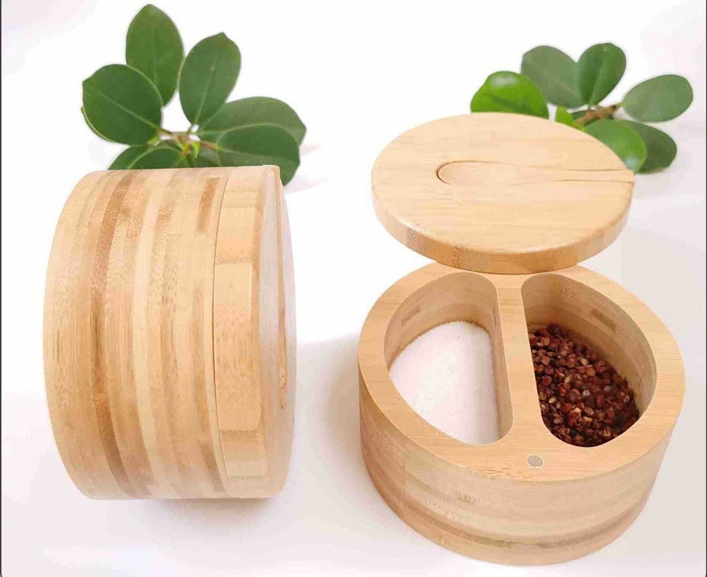 Boîte de Rangement à Sel et Épices en Bambou avec Couvercle Pivotant Magnétique et Deux Compartiments pour Cuisine
