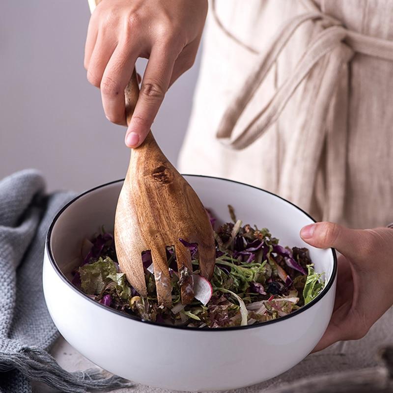 Acacia Wood Salad Server Set with Leather Tie, Fork and Spoon