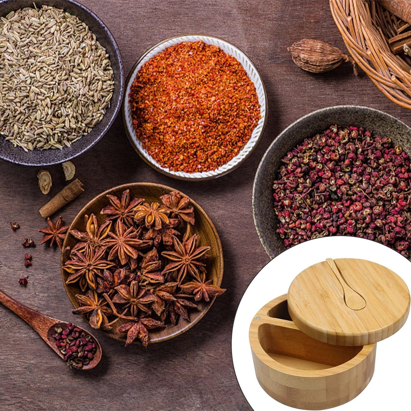 Boîte de Rangement à Sel et Épices en Bambou avec Couvercle Pivotant Magnétique et Deux Compartiments pour Cuisine