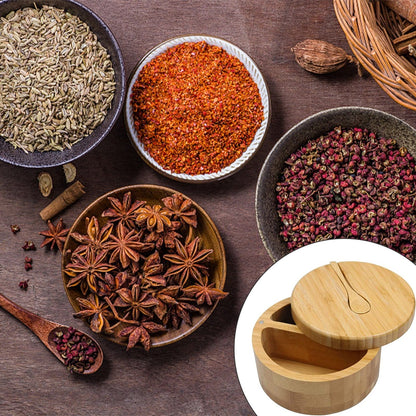 Boîte de Rangement à Sel et Épices en Bambou avec Couvercle Pivotant Magnétique et Deux Compartiments pour Cuisine