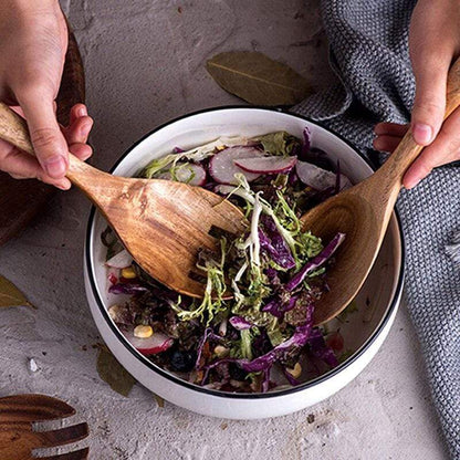Acacia Wood Salad Server Set with Leather Tie, Fork and Spoon