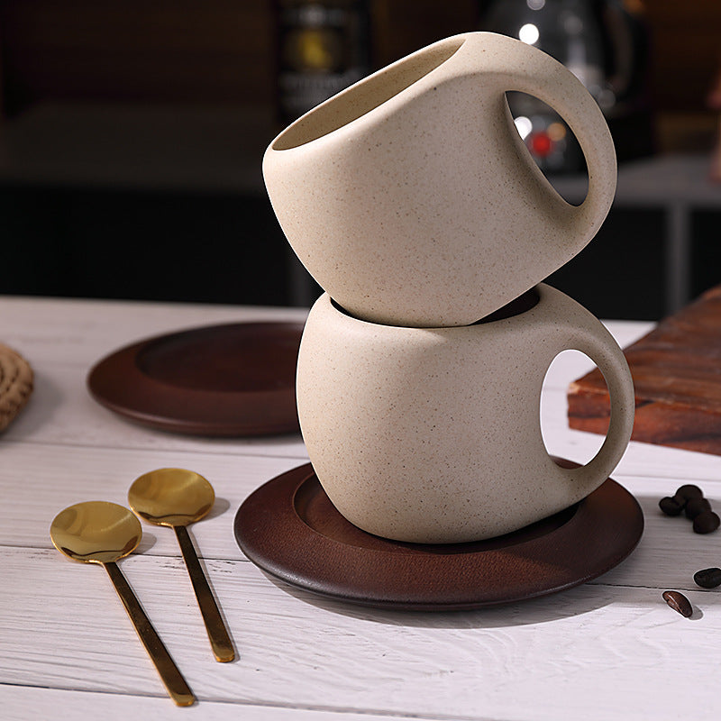Ceramic Coffee Cup with Wooden Saucer and Stainless Steel Spoon