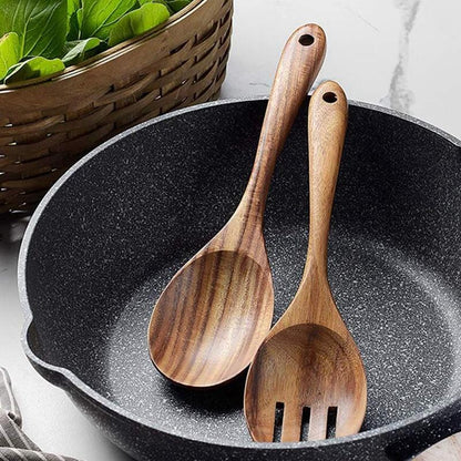 Acacia Wood Salad Server Set with Leather Tie, Fork and Spoon