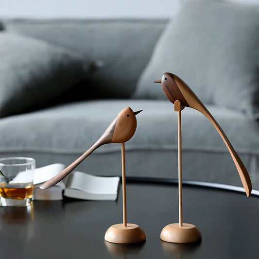 Sculpture Décorative Oiseau en Bois Massif Bicolore Style Scandinave Mid-Century pour Étagère et Console