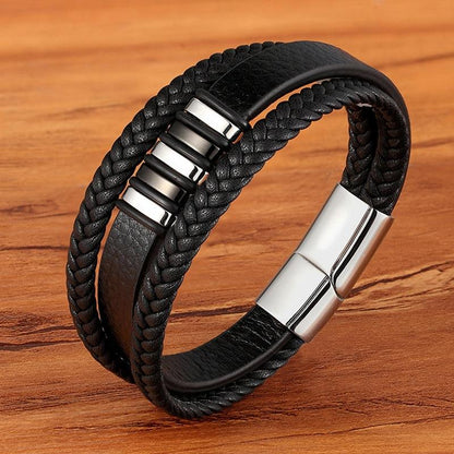 Men's Multi-Layer Braided Leather Bracelet with Stainless Steel Magnetic Clasp
