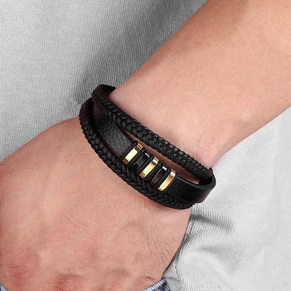 Men's Multi-Layer Braided Leather Bracelet with Stainless Steel Magnetic Clasp