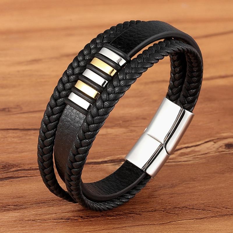 Men's Multi-Layer Braided Leather Bracelet with Stainless Steel Magnetic Clasp