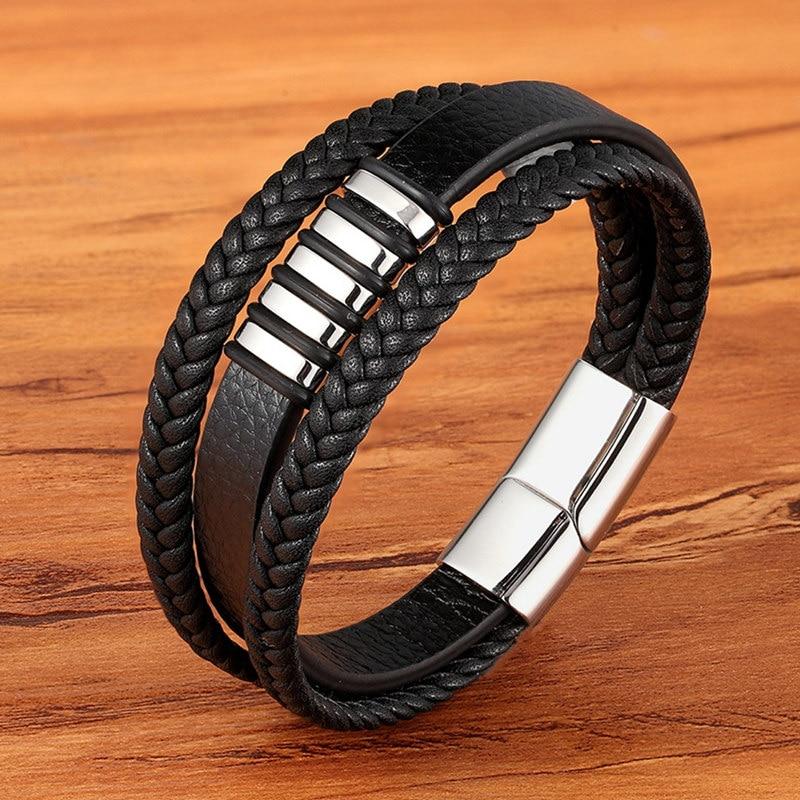 Men's Multi-Layer Braided Leather Bracelet with Stainless Steel Magnetic Clasp