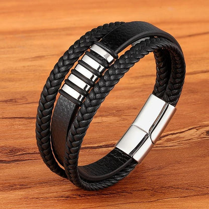Men's Multi-Layer Braided Leather Bracelet with Stainless Steel Magnetic Clasp