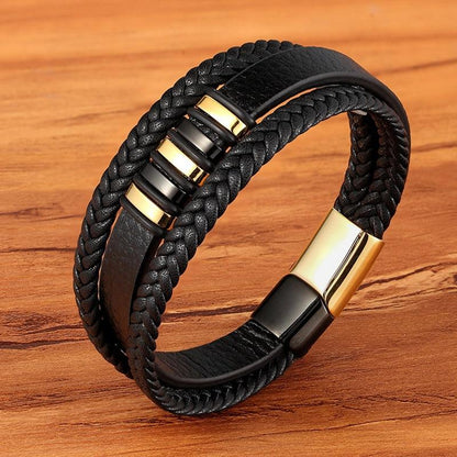 Men's Multi-Layer Braided Leather Bracelet with Stainless Steel Magnetic Clasp