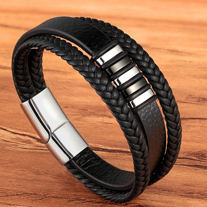 Men's Multi-Layer Braided Leather Bracelet with Stainless Steel Magnetic Clasp
