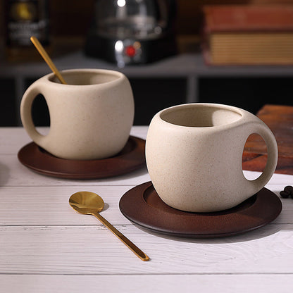 Ceramic Coffee Cup with Wooden Saucer and Stainless Steel Spoon