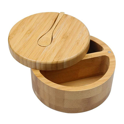 Boîte de Rangement à Sel et Épices en Bambou avec Couvercle Pivotant Magnétique et Deux Compartiments pour Cuisine