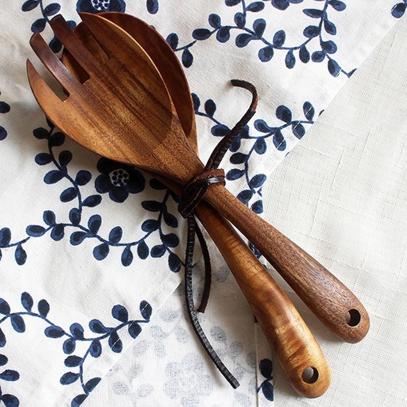 Acacia Wood Salad Server Set with Leather Tie, Fork and Spoon