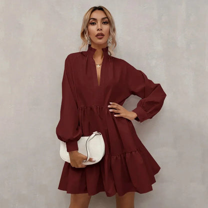 Robe A-Ligne Femme - Coupe Flottante à Volants - Manches Longues Col V - Élégante et Légère - Aurelles