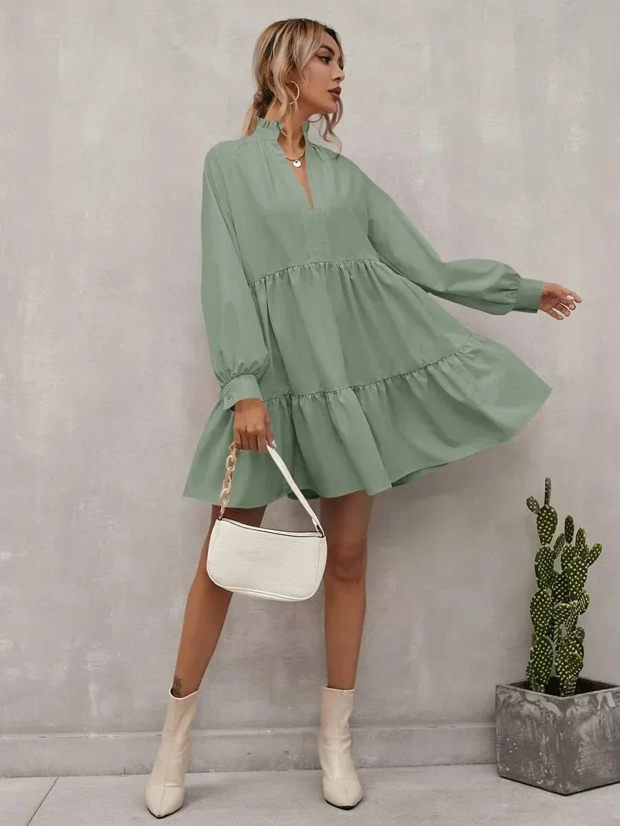 Robe A-Ligne Femme - Coupe Flottante à Volants - Manches Longues Col V - Élégante et Légère - Aurelles