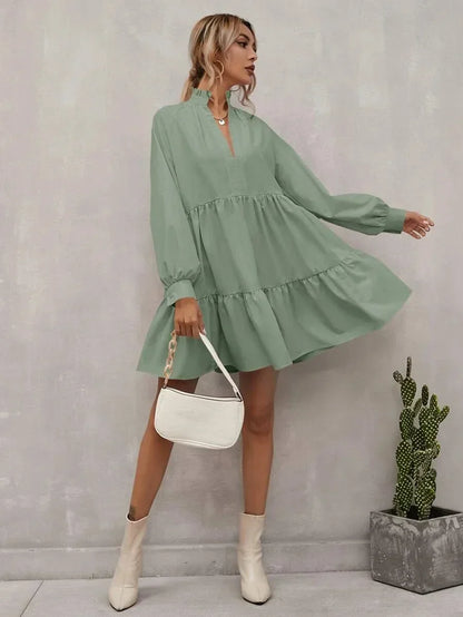 Robe A-Ligne Femme - Coupe Flottante à Volants - Manches Longues Col V - Élégante et Légère - Aurelles