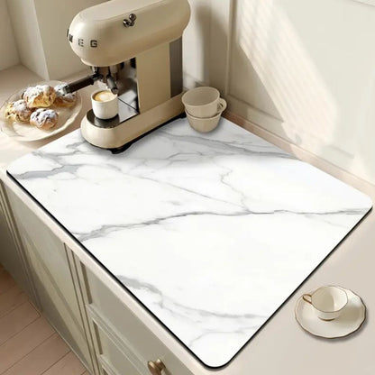 Tapis Absorbant en Terre Diatomée Effet Marbre pour Vaisselle Plan de Travail et Machine à Café avec Base Antidérapante