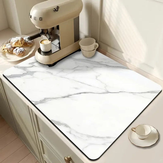 Tapis Absorbant en Terre Diatomée Effet Marbre pour Vaisselle Plan de Travail et Machine à Café avec Base Antidérapante