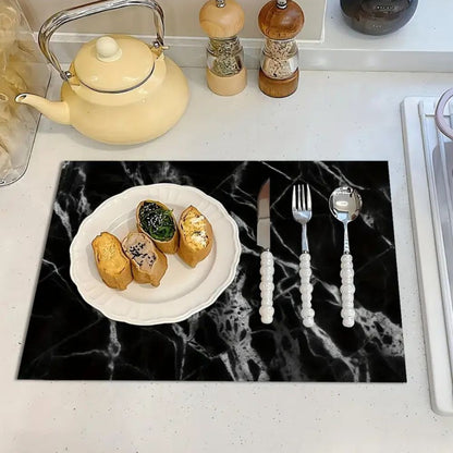 Tapis Absorbant en Terre Diatomée Effet Marbre pour Vaisselle Plan de Travail et Machine à Café avec Base Antidérapante
