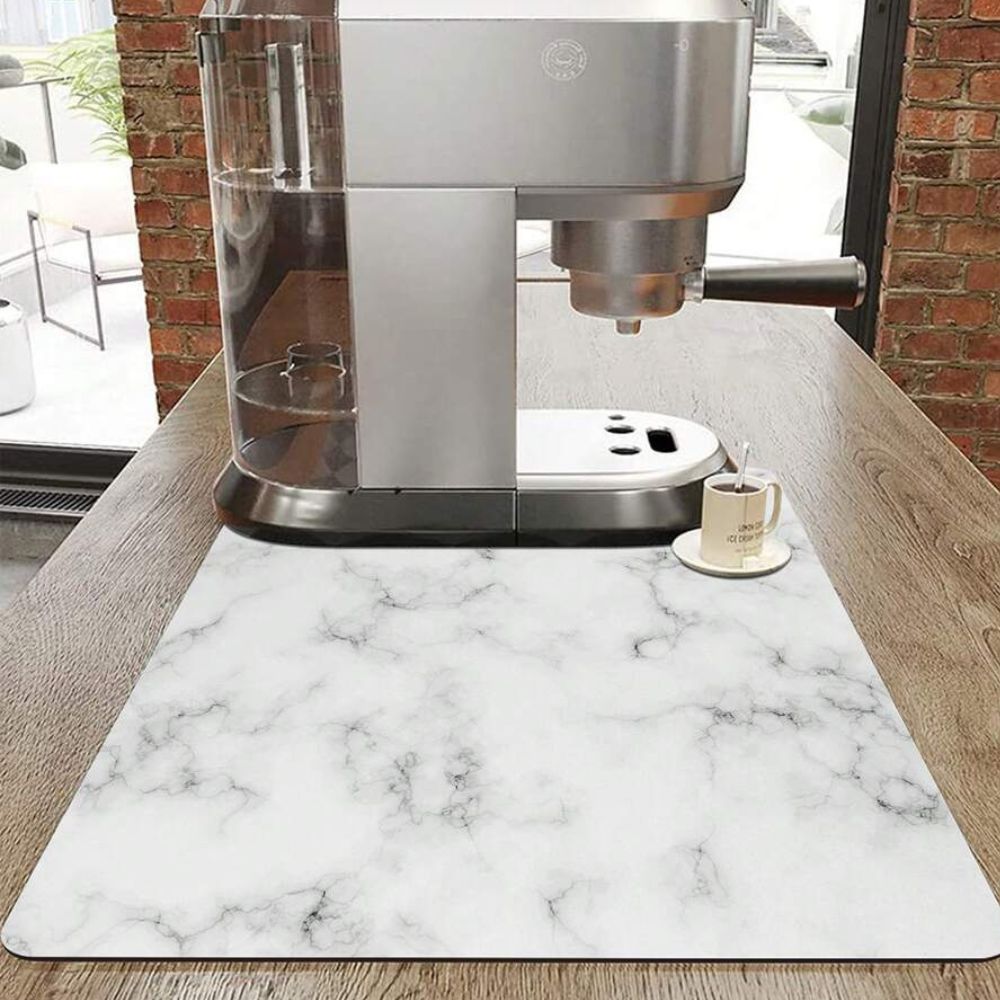 Tapis Absorbant en Terre Diatomée Effet Marbre pour Vaisselle Plan de Travail et Machine à Café avec Base Antidérapante