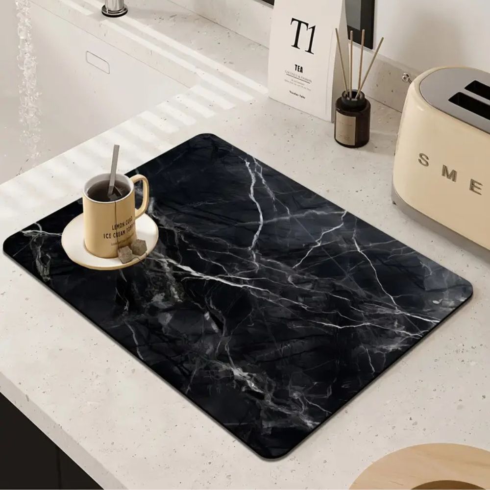 Tapis Absorbant en Terre Diatomée Effet Marbre pour Vaisselle Plan de Travail et Machine à Café avec Base Antidérapante