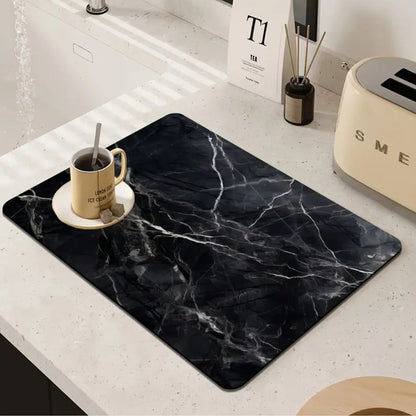 Tapis Absorbant en Terre Diatomée Effet Marbre pour Vaisselle Plan de Travail et Machine à Café avec Base Antidérapante