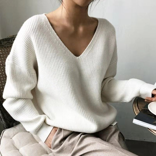 Pull Femme Col V à Manches Longues – Coupe Ample et Style Décontracté - Aurelles