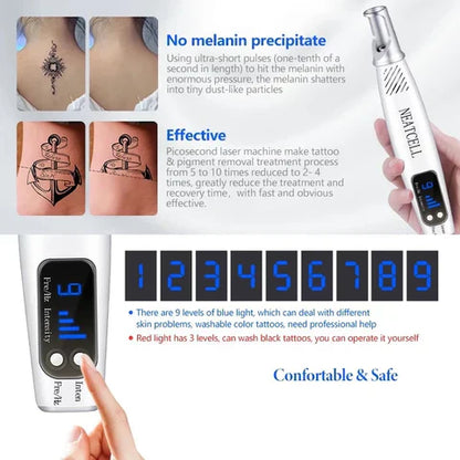 Dual Mode Blue and Red Picosecond Light Pen, Adjustable Intensity for Fading Spots, Freckles and Tattoo Ink