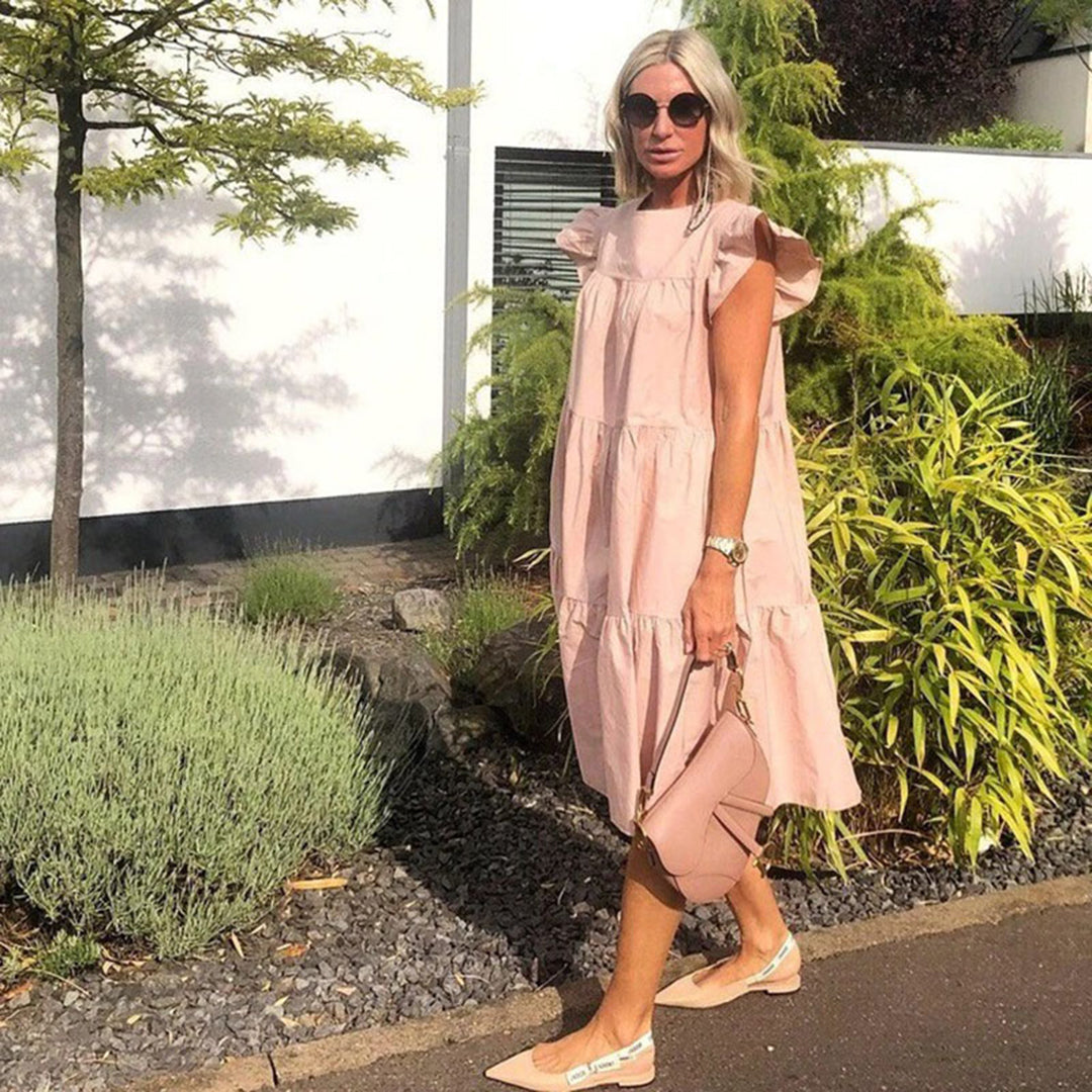 Robe A-Ligne Femme - Longueur Genou - Manches Courtes - Appliqué Floral - Léger - Aurelles