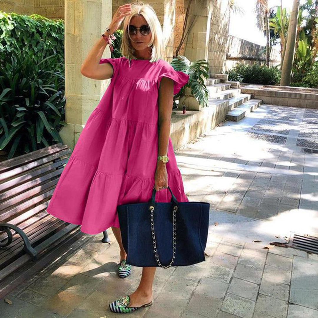 Robe A-Ligne Femme - Longueur Genou - Manches Courtes - Appliqué Floral - Léger - Aurelles