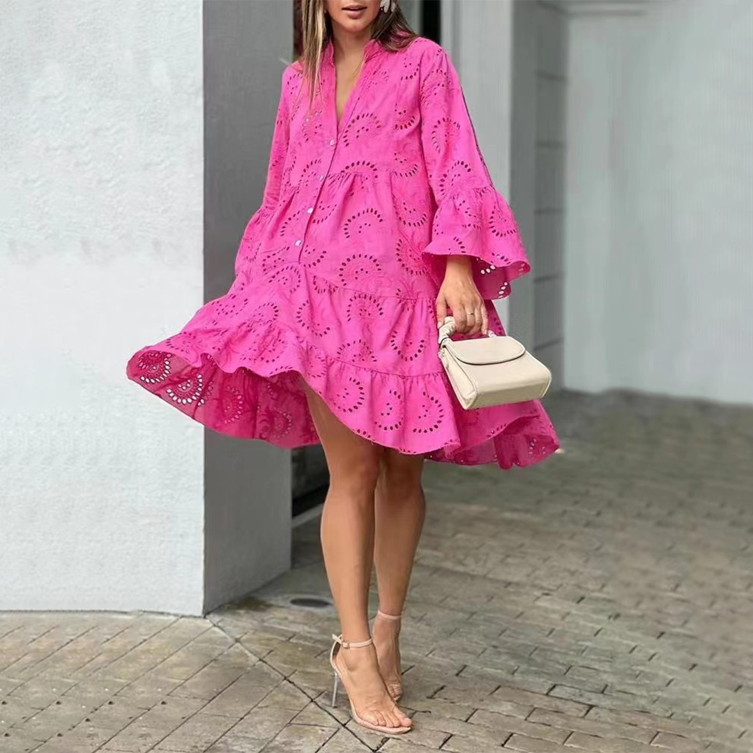 Women's A-Line Dress - Eyelet Embroidery - V-Neck - Balloon Sleeves - Knee Length