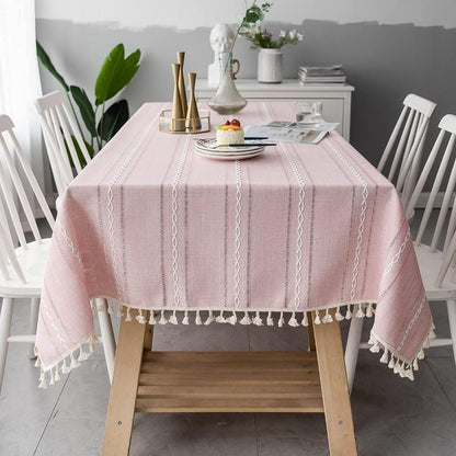 Nappe Rectangulaire en Coton et Lin à Rayures Brodées Style Rustique pour Table de Salle à Manger
