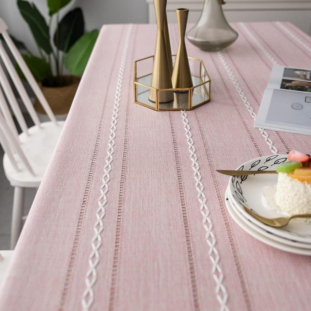 Nappe Rectangulaire en Coton et Lin à Rayures Brodées Style Rustique pour Table de Salle à Manger
