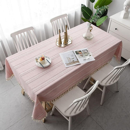Nappe Rectangulaire en Coton et Lin à Rayures Brodées Style Rustique pour Table de Salle à Manger