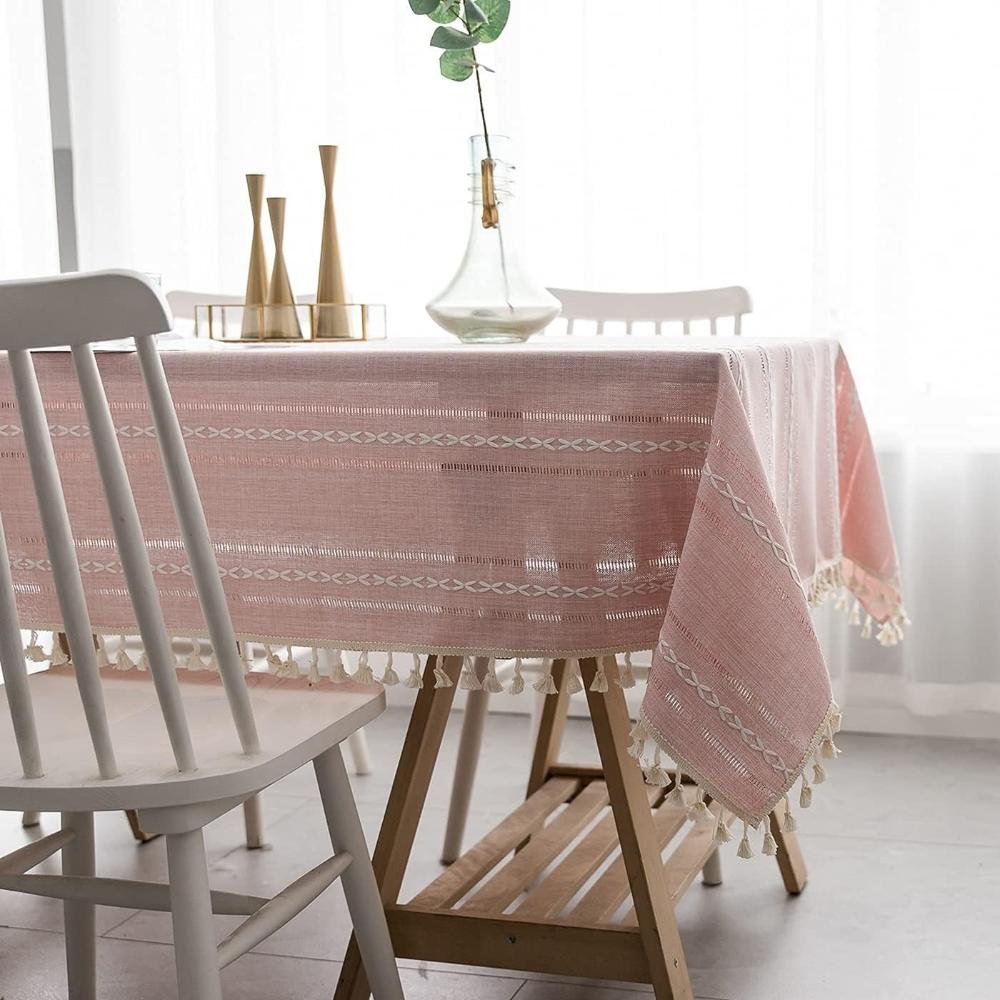 Nappe Rectangulaire en Coton et Lin à Rayures Brodées Style Rustique pour Table de Salle à Manger