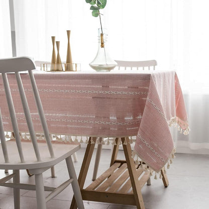 Nappe Rectangulaire en Coton et Lin à Rayures Brodées Style Rustique pour Table de Salle à Manger