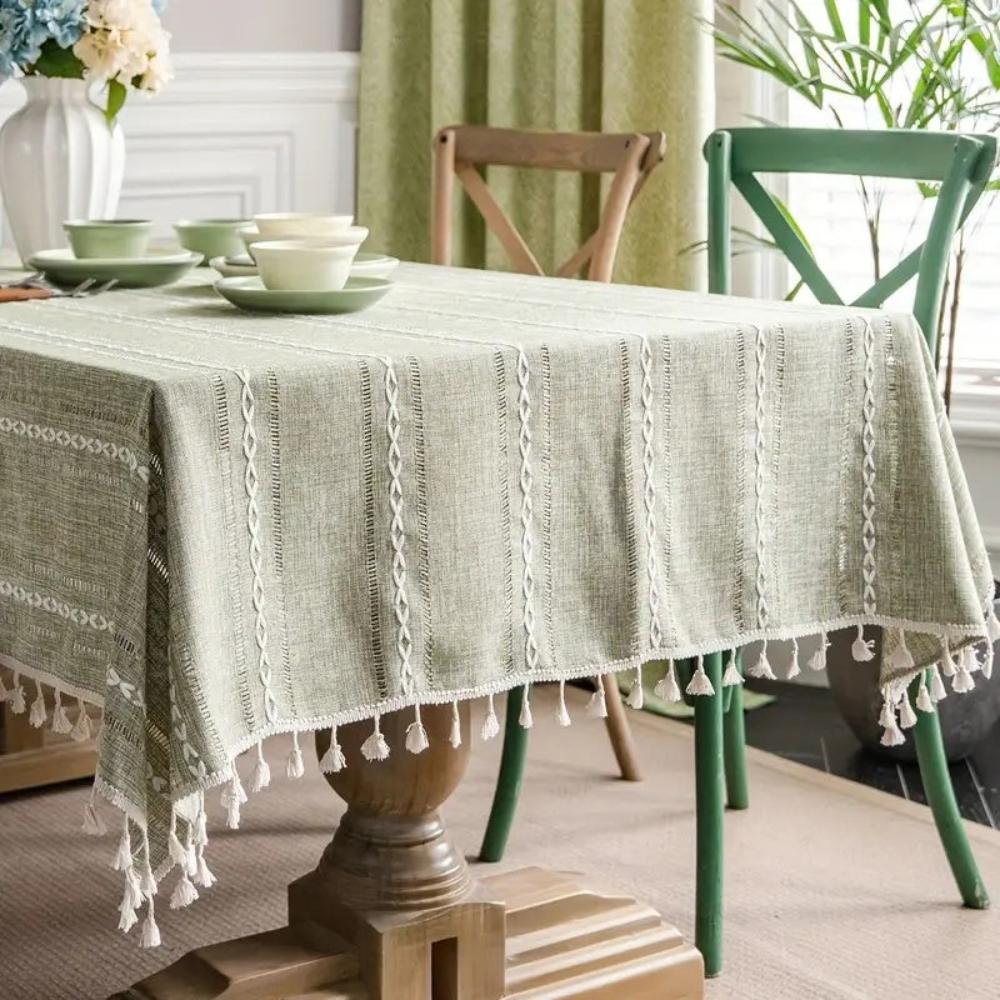 Nappe Rectangulaire en Coton et Lin à Rayures Brodées Style Rustique pour Table de Salle à Manger