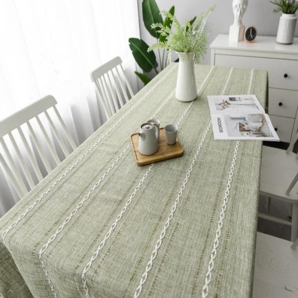 Nappe Rectangulaire en Coton et Lin à Rayures Brodées Style Rustique pour Table de Salle à Manger