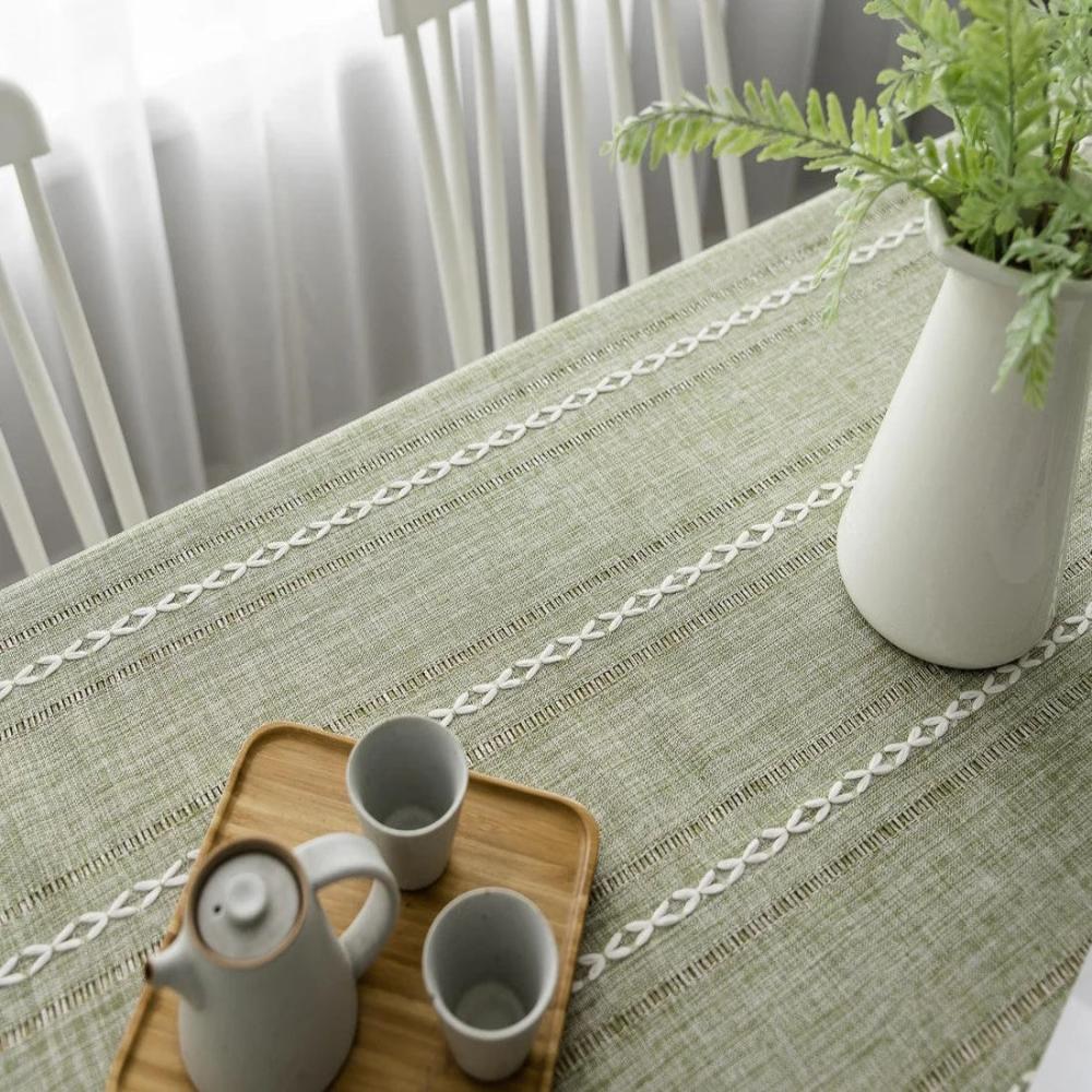 Nappe Rectangulaire en Coton et Lin à Rayures Brodées Style Rustique pour Table de Salle à Manger