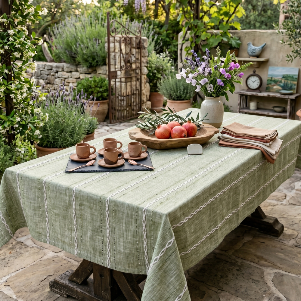Nappe Rectangulaire en Coton et Lin à Rayures Brodées Style Rustique pour Table de Salle à Manger