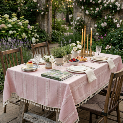 Nappe Rectangulaire en Coton et Lin à Rayures Brodées Style Rustique pour Table de Salle à Manger