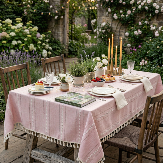 Nappe Rectangulaire en Coton et Lin à Rayures Brodées Style Rustique pour Table de Salle à Manger
