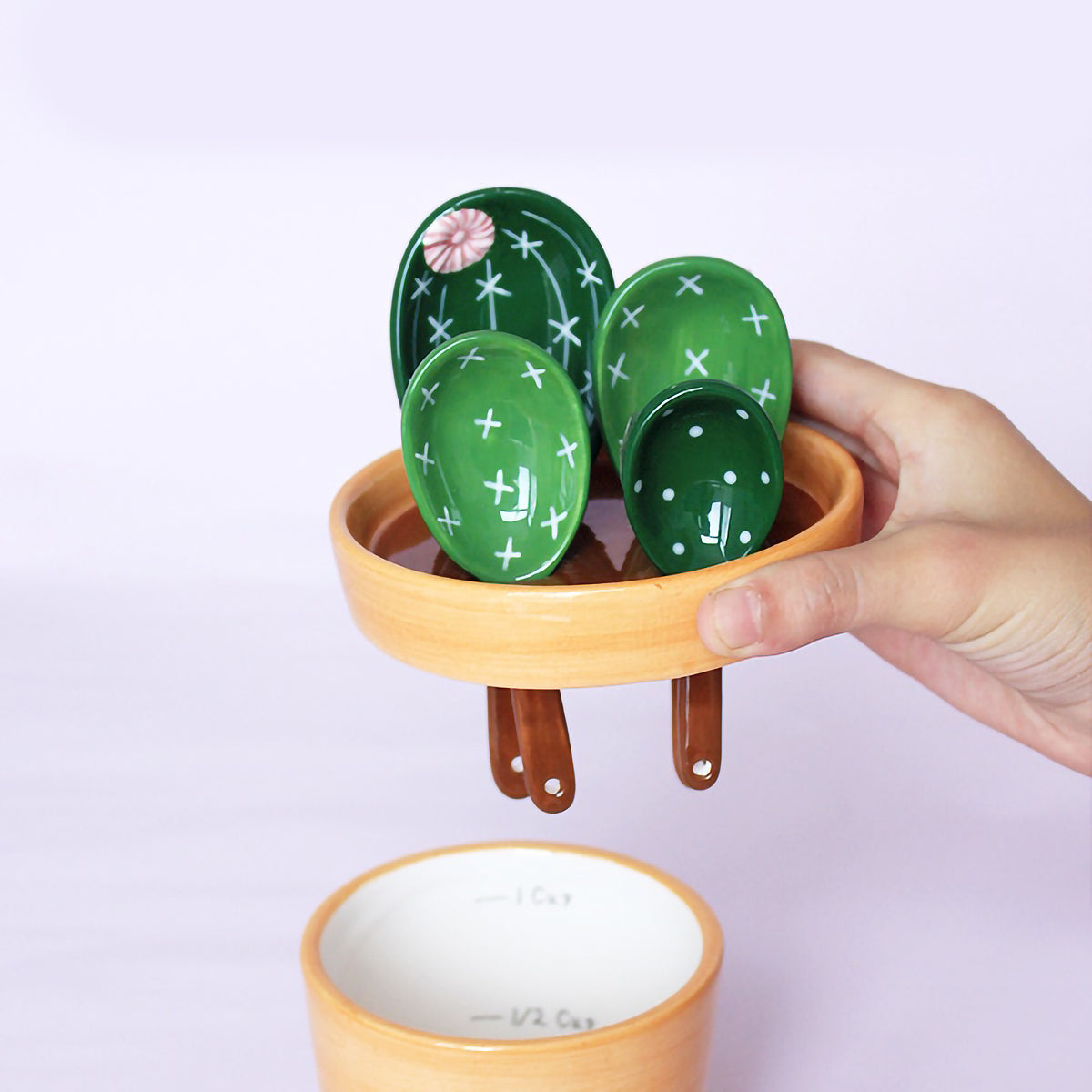 Set d'Ustensiles de Mesure en Céramique Forme Cactus avec Pot de Rangement Peint à la Main pour Cuisine et Pâtisserie