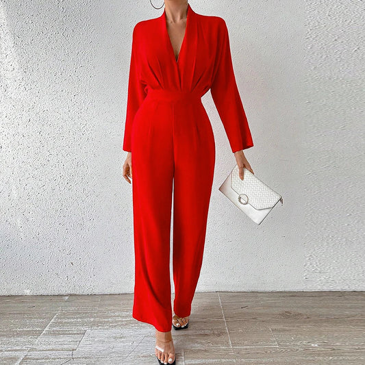Combinaison Femme - Décolleté en V Profond - Manches Longues - Taille Cintrée - Pantalon Large Élégant - Aurelles